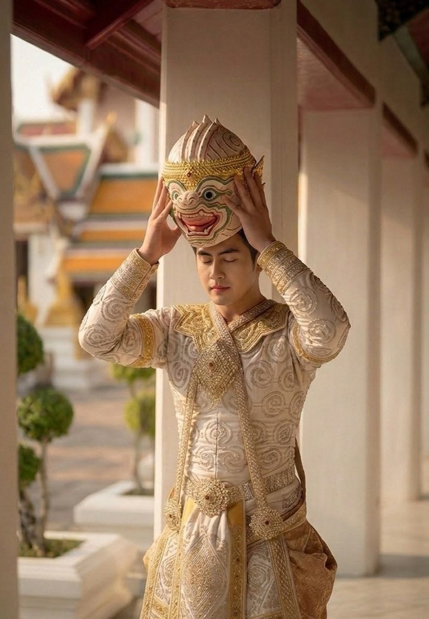 ขุน ชานนท์ ในชุดไทยประยุกต์ถือหัวโขน